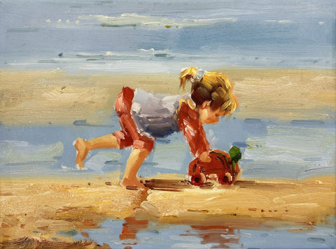 Oil on Canvas Little Girl Playing on the Beach Decorative Painting