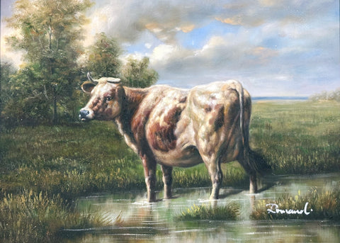 Romand Oil on Canvas Ox on the Landscape Decorative Painting