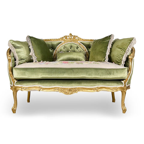 Antique Finish Two Seater Settee Gold Leaf Velvet Fabric with Tapestry Top