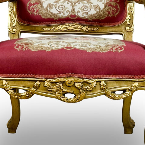 Antique Finish Set of 2 Accent Chairs French Tapestry Fabric Gold Leaf