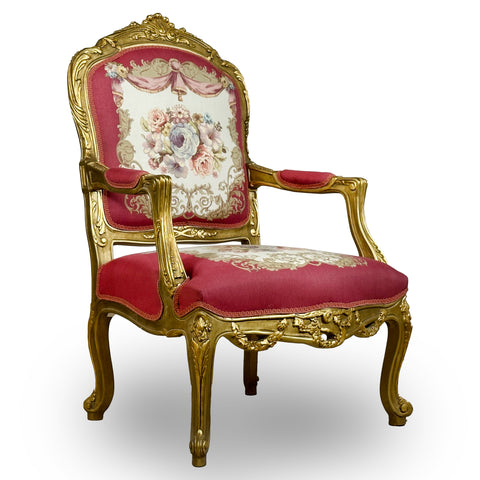 Antique Finish Set of 2 Accent Chairs French Tapestry Fabric Gold Leaf