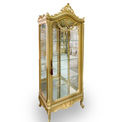 Antique Finish Vitrine Cabinet Gold Leaf