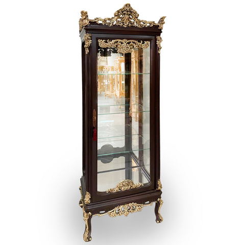 Antique Finish Vitrine Cabinet Brown and Gold Leaf