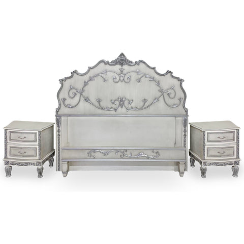 Kingsize and 2 Night Stand Set White and Silver Leaf